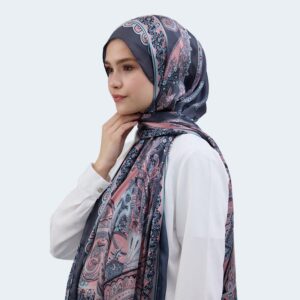 شال حجاب فوال بنقشة على الطراز الهندي – مزيج من الحرير والفيسكوز باللون الرمادي والوردي