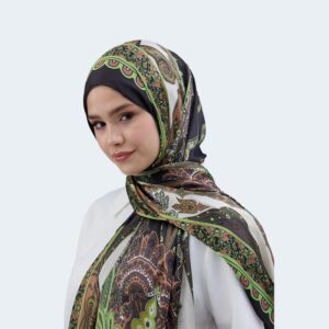 شال حجاب فوال بنقشة على الطراز الهندي – مزيج من الحرير والفيسكوز باللون الأخضر