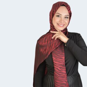 شال حجاب جاكار بنقشة الحمار الوحشي بلمسة لامعة باللون الأحمر الداكن