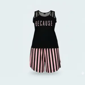 طقم بيجاما للمقاسات الكبيرة من شورت مخطط مع توب بتفاصيل شفافة