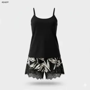 طقم بيجاما ناعم للمقاسات الكبيرة بشورت مع بلوزة بحمّالات رفيعة وتفاصيل دانتيل أنيقة