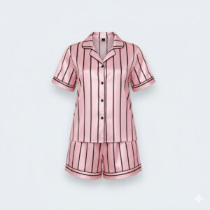 طقم بيجاما فاخر من الساتان الحريري بخطوط عريضة – قطعتان (شورت وقميص بنصف كم)