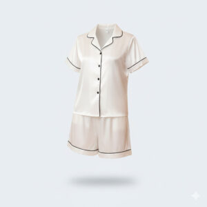 طقم بيجاما فاخر من الساتان الحريري – قطعتان (شورت وقميص بنصف كم)