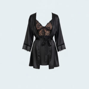 طقم نوم فاخر - قميص نوم بدانتيل ناعم مع روب ساتان حريري