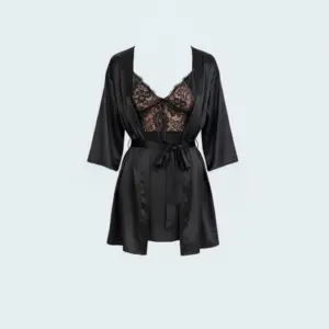 طقم نوم فاخر - قميص نوم بدانتيل ناعم مع روب ساتان حريري