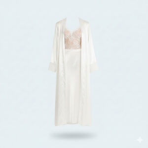 قميص نوم طويل بصدرة دانتيل مع روب ساتان حريري