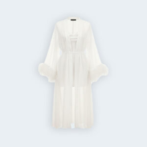 قميص نوم ساتان فاخر مع روب شفاف وأكمام ريش