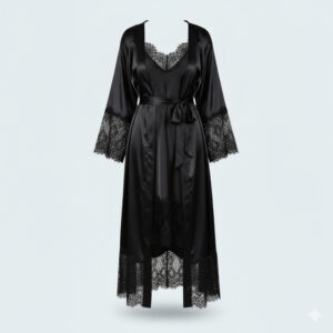 قميص نوم طويل وروب ن الساتان الحريري مع تفاصيل دانتيل عريضة ناعمة - للمقاسات الكبيرة