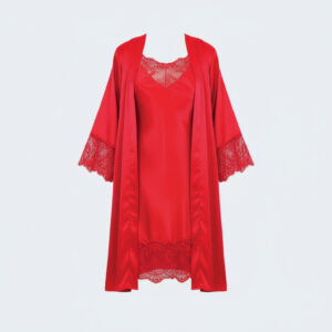 قميص نوم طويل وروب ن الساتان الحريري مع تفاصيل دانتيل عريضة ناعمة - للمقاسات الكبيرة