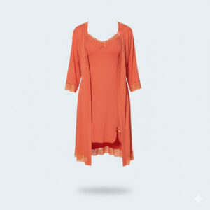 قميص نوم قصير فيسكوز بفتحة جانبية مع روب بتفاصيل دانتيل ناعمة