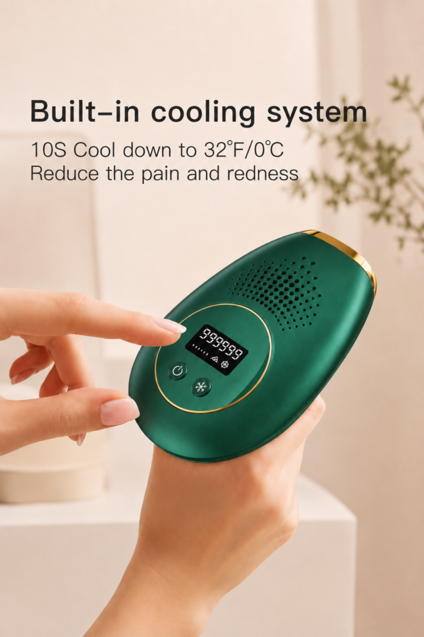 Green and gold IPL hair removal device with built-in cooling system