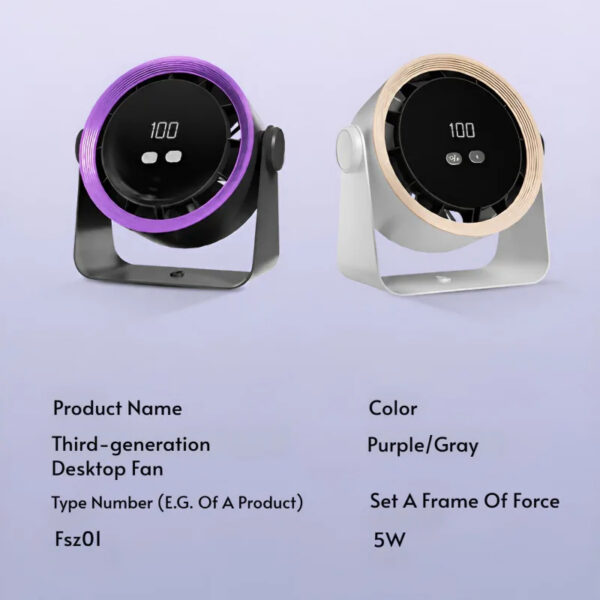 FSZ01 digital display desk fan shown in purple and grey with 5W rated power