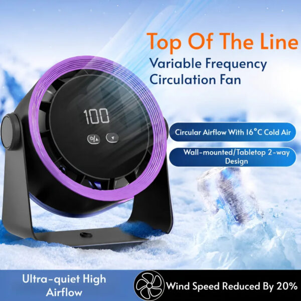 FSZ01 digital display desk fan in purple and grey with adjustable tabletop and wall-mounted design