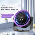 Purple and grey FSZ01 digital display desk fan on a desktop with adjustable airflow levels