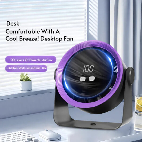 Purple and grey FSZ01 digital display desk fan on a desktop with adjustable airflow levels