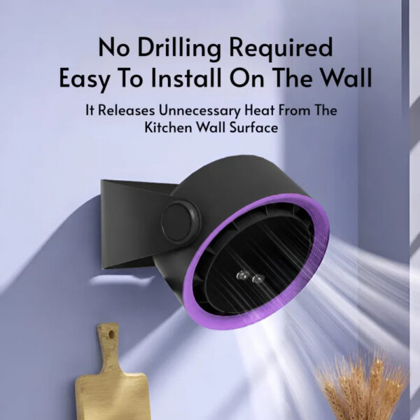 Purple and grey FSZ01 digital display desk fan mounted on a wall with directed airflow