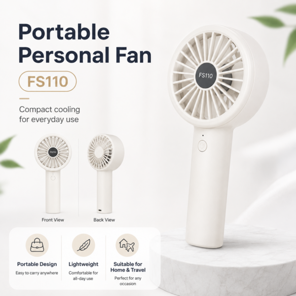 White FS110 portable handheld fan for home and travel