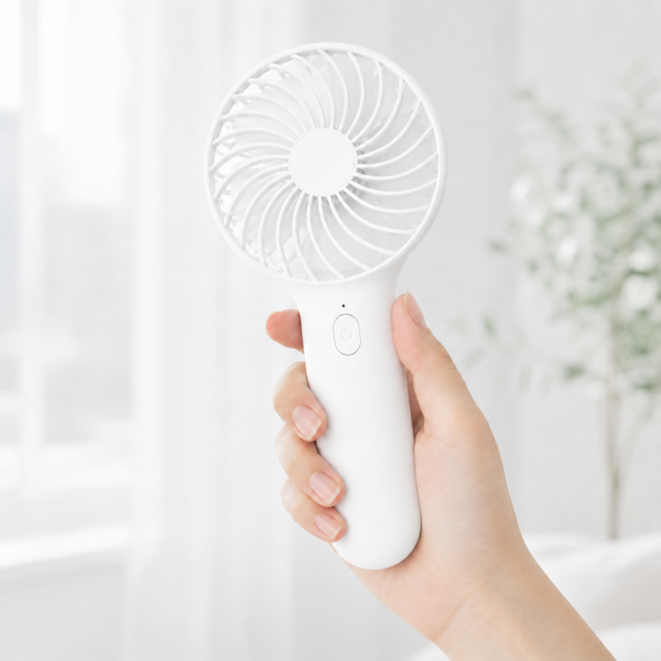 White FS110 handheld fan held in one hand with a compact portable design