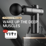Black mini massage gun displayed with four interchangeable massage heads