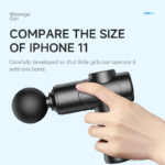 Black mini massage gun held in one hand to demonstrate its compact size