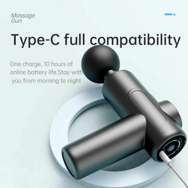 Black mini massage gun connected to a Type-C charging cable