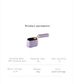 MQ07 fabric shaver specifications with USB charging, three speed settings, 3.7V power, 198g weight, and dimensions