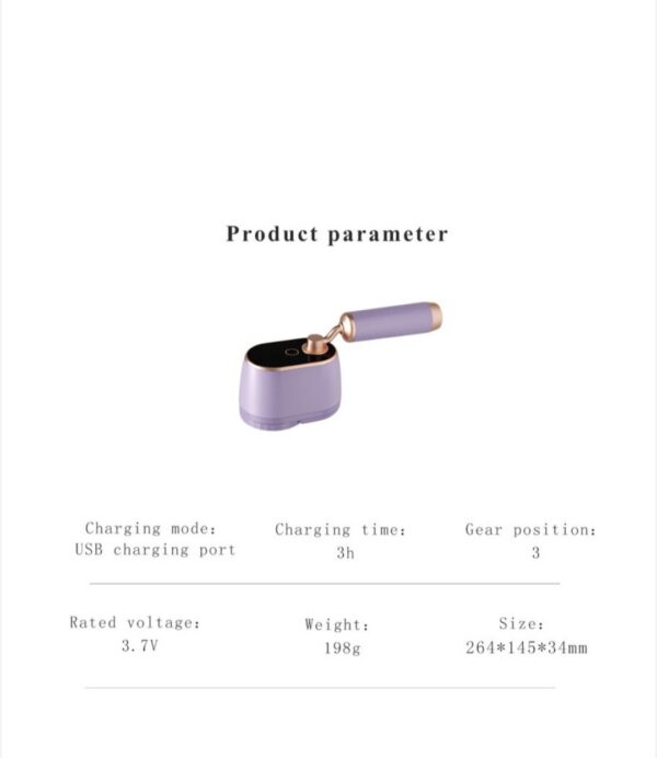 MQ07 fabric shaver specifications with USB charging, three speed settings, 3.7V power, 198g weight, and dimensions