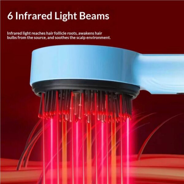 Close-up of the scalp massager comb showing six integrated red light clusters