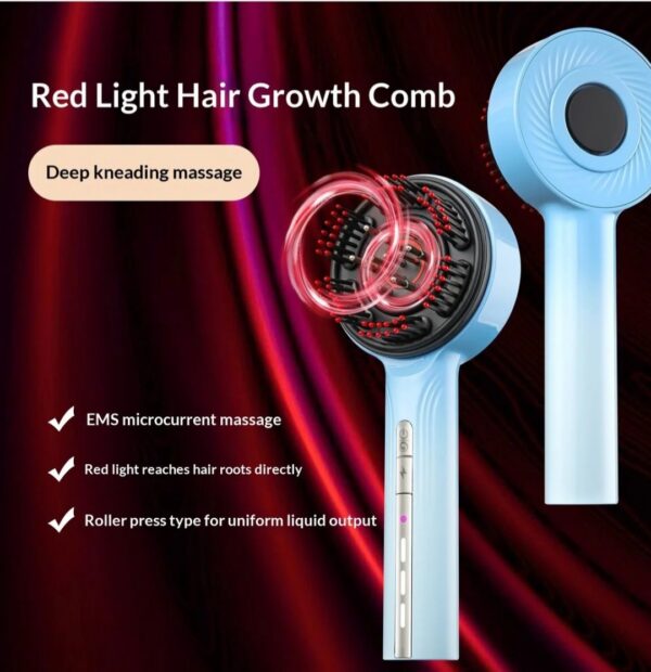 Red light scalp massager comb with EMS microcurrent, serum applicator and deep kneading massage