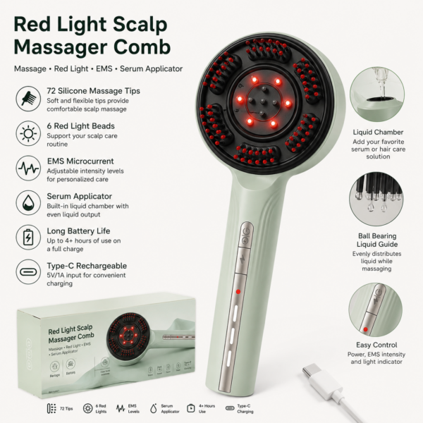 Red Light Scalp Massager Comb Features Red light scalp massager comb with EMS, 72 silicone tips, serum applicator and Type-C charging