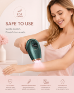 Woman using a green and gold IPL hair removal device on her arm