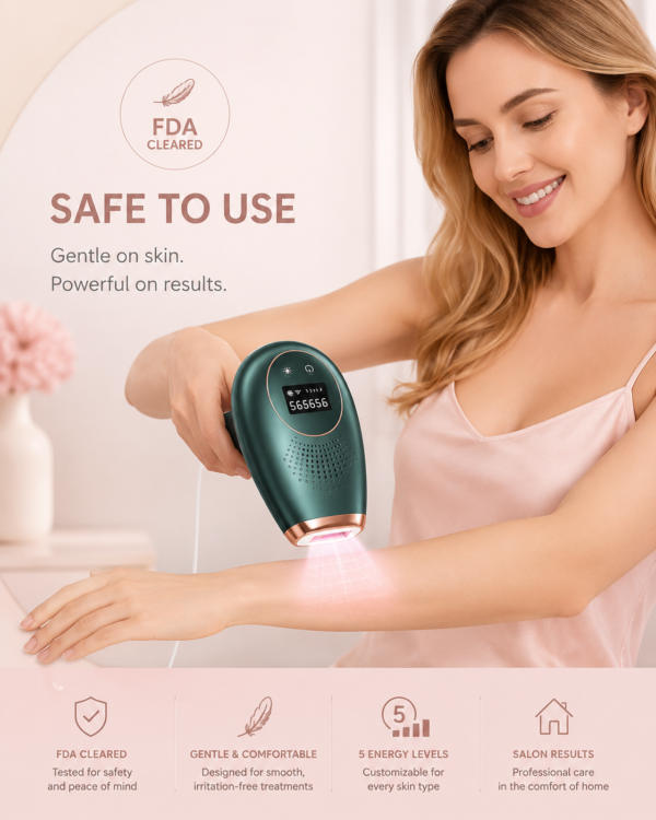 Woman using a green and gold IPL hair removal device on her arm