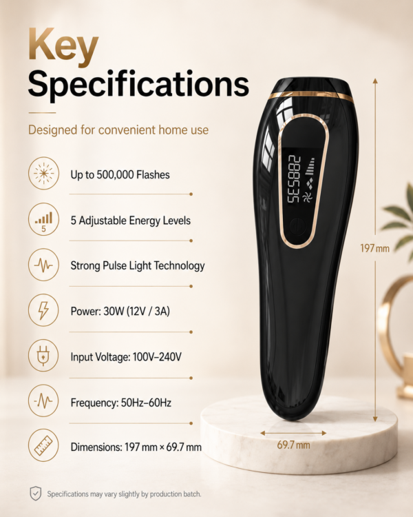 T13 IPL hair removal device specifications with 500000 flashes, 30W power and product dimensions